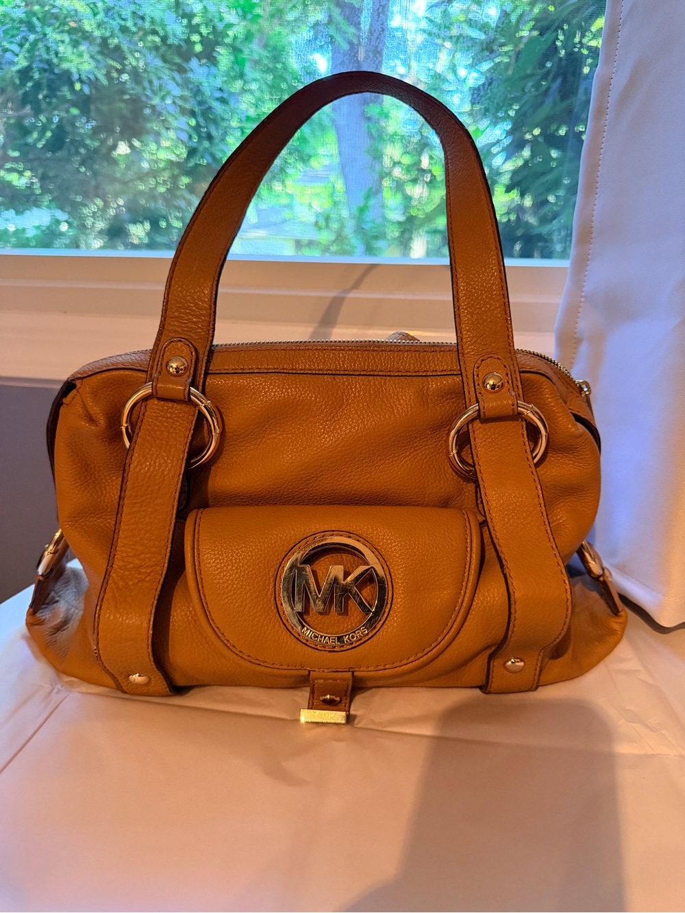 Michael Kors Cognac Leather Shoulder Bag with Gold Logo
